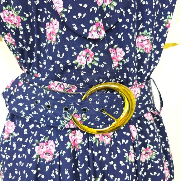 VTG 80S Navy Pink Polka Dot Puff Sleeve Tradwife Maxi Secretary Maxi Dress - Picture 4 of 13